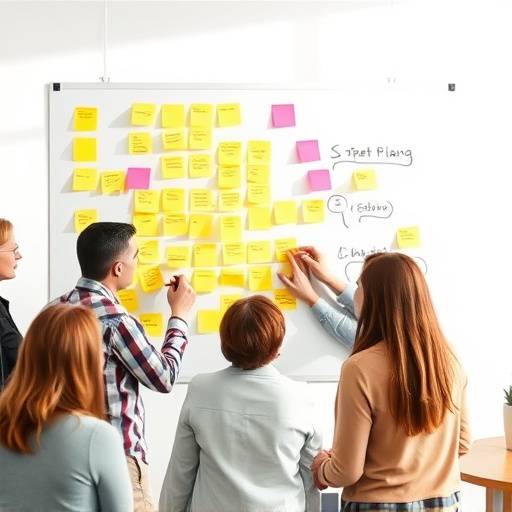 Un gruppo di persone che lavora insieme durante un workshop di gruppo, con post-it e idee scritte su una lavagna.