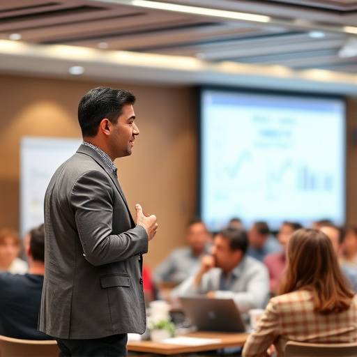 Un oratore che presenta a un pubblico attento, simboleggiando i workshop di sviluppo della leadership e la comunicazione efficace.