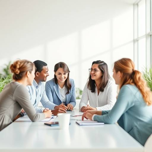 Un team di coach e consulenti che collaborano in uno spazio luminoso e accogliente, simboleggiando la collaborazione e l'approccio umano di Crescita Armoniosa.