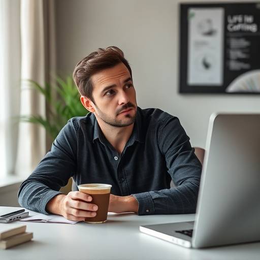 Una persona che riflette seduta ad una scrivania con una tazza di caff&egrave; durante una sessione di coaching di vita.