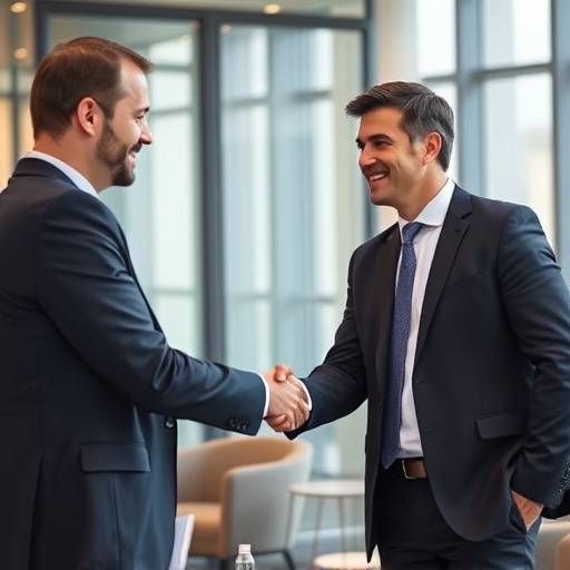 Una stretta di mano tra due persone durante una riunione di lavoro, simboleggiando la consulenza aziendale e la collaborazione professionale.